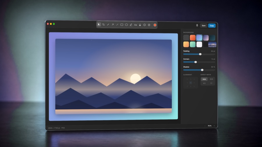 The advanced editor as a glass panel in a dusk-lit studio: a landscape capture framed on a blue-to-teal gradient, the tool strip on top, Save and Copy, and the sidebar with background swatches, padding, corners and shadow sliders