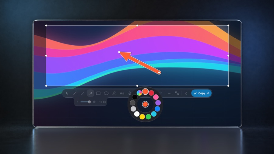 A close view of the island on a glass display: the tool strip with the arrow armed, the stroke lobe at 15 px, the Copy button, and the colour ring bloomed out of the bead with twelve colours