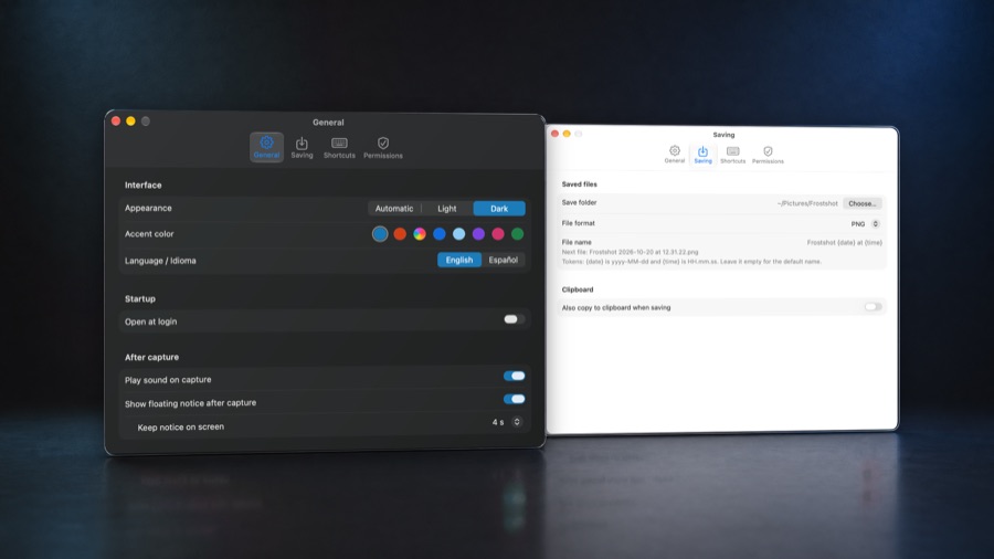 Two Settings windows as glass panels in a dark blue studio: the General tab in dark appearance in front, with the accent colour row and Frost selected, and the Saving tab in light appearance behind