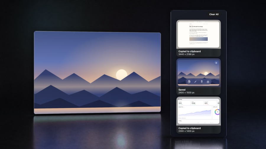 A pinned landscape capture floating as a glass panel on the left and, on the right, the stack of three capture cards with Clear All above them, in a dark studio
