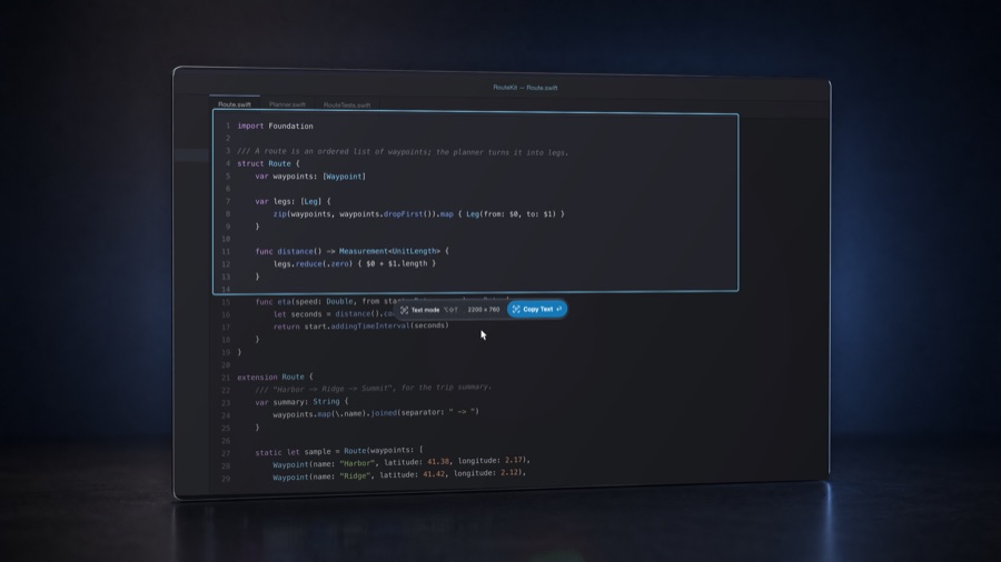 Text mode over a dark code editor on a glass display: a glacier-blue outline around a Swift struct and the island under it reading Text mode, the size, and Copy Text