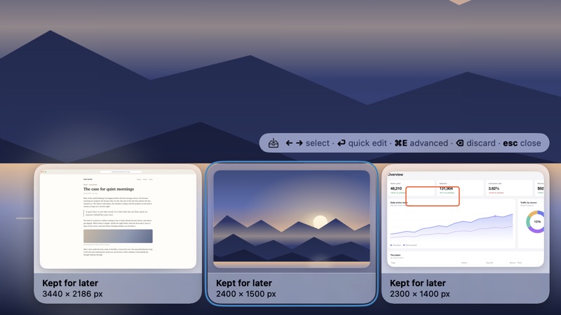 The shelf open along the bottom of the desktop: three kept captures as glass cards, the middle one selected with a ring, and a hint above them listing the arrow keys, Return for quick edit, Command E for Advanced, Delete to discard and Escape to close